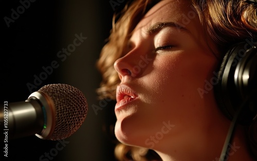 Singer in a recording studio, headphones on, passionately singing into the microphone