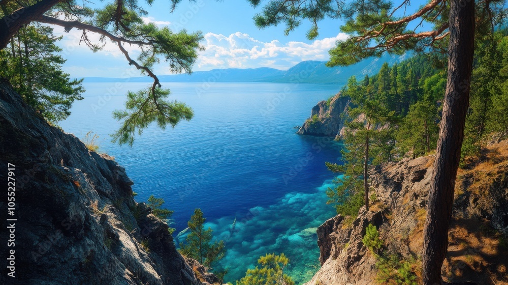 A beautiful view of Lake Baikal's deep blue waters from a cliffside A beautiful view of Lake Baikal's deep blue waters from a cliffside