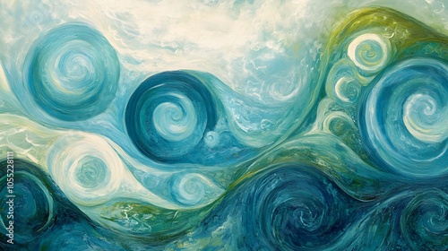 Calming Rhythms expressed with swirling patterns in soft blues and greens, promoting a calming and peaceful environment