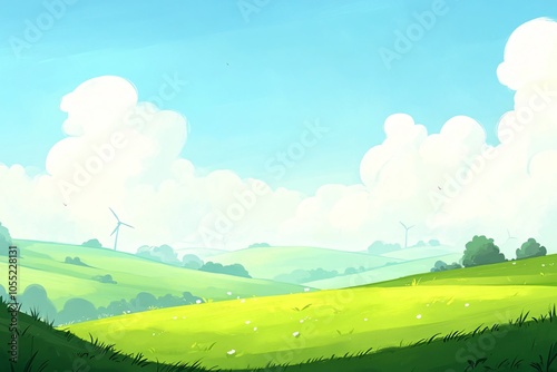 Scenic Wind Turbine Farm Under Bright Blue Sky