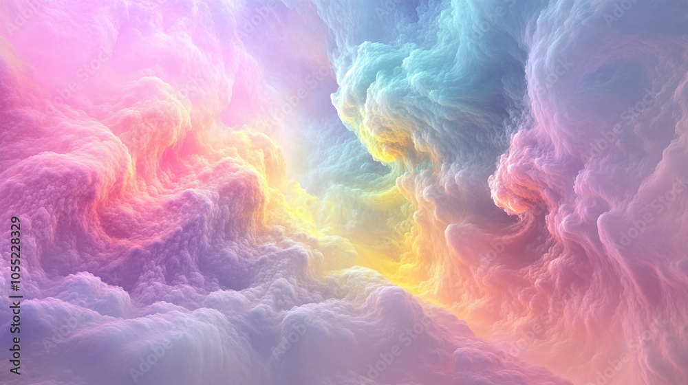 Abstract background with wispy clouds woven through vibrant Mandelbrot fractal patterns, each fractal emitting radiant rainbow colors, set against a gentle pastel sky. Abstract background with wispy clouds woven through vibrant Mandelbrot fractal patterns, each fractal emitting radiant rainbow colors, set against a gentle pastel sky.