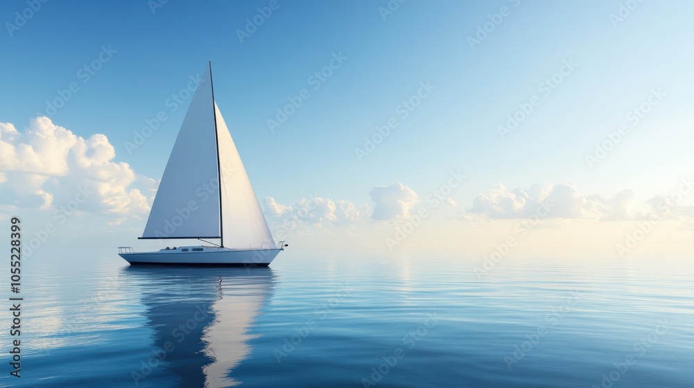 Obraz premium A calm sea with a sailboat drifting leisurely, the sails catching