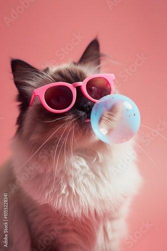 Cool Cat with Sunglasses Blowing Bubble - Fun Pet Portrait photo