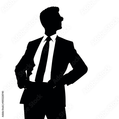 A businessman silhouette with hands on his hips, looking out as if surveying a business deal