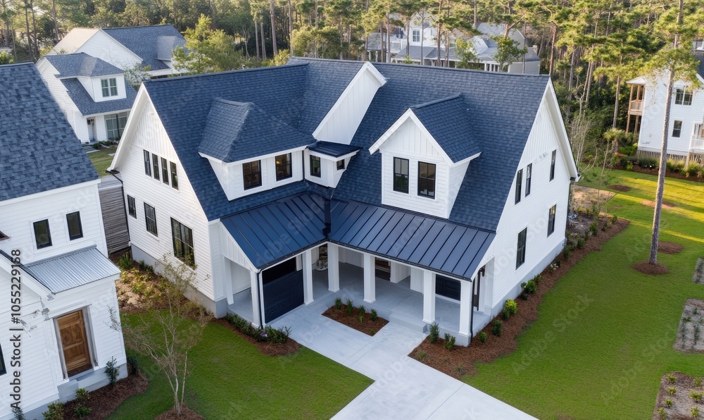 a white and navy blue modern farmhouse-style home with a shingle roof a white and navy blue modern farmhouse-style home with a shingle roof