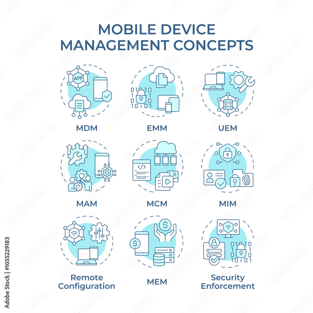 Mobile device management soft blue concept icons. Data control, security. Privacy protection, corporate. Icon pack. Vector images. Round shape illustrations for infographic. Abstract idea Mobile device management soft blue concept icons. Data control, security. Privacy protection, corporate. Icon pack. Vector images. Round shape illustrations for infographic. Abstract idea