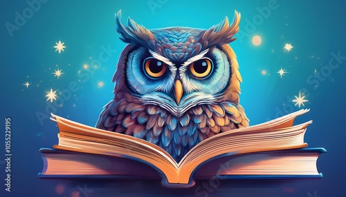 Wisdom and education concept image with a wise owl reading a book on blue background with co photo