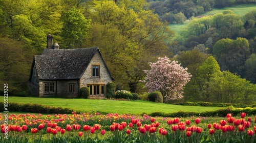 A classic English countryside in spring with rolling green hills,