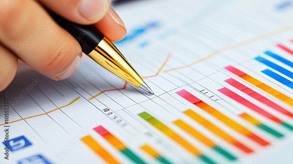 Hand Analyzing Colorful Financial Charts with a Gold Pen Hand Analyzing Colorful Financial Charts with a Gold Pen