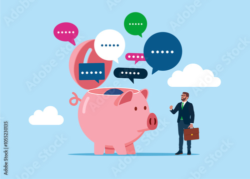 Discussion, conversation, meeting, team communication. Open piggy bank to see speech bubbles. Modern vector illustration in flat style