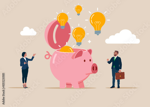 Open piggy bank idea using. Think big, aspiration to win and success in business, big idea from creativity and imagination to overcome fear. Modern vector illustration in flat style