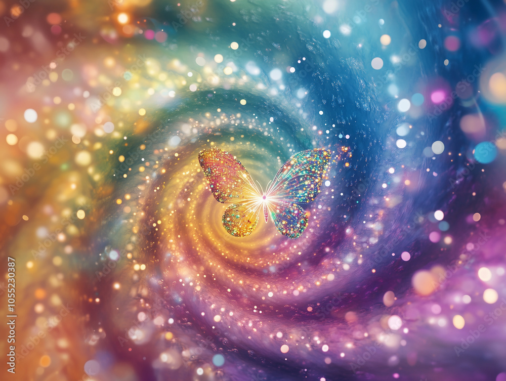 Enchanting Swirling Galaxy Featuring a Central Spiral and Small Glowing Crystal Butterfly, Surrounded by a Rainbow Mandala of Life Symbolism, Radiating Patterns and Colorful Light Dots Enchanting Swirling Galaxy Featuring a Central Spiral and Small Glowing Crystal Butterfly, Surrounded by a Rainbow Mandala of Life Symbolism, Radiating Patterns and Colorful Light Dots