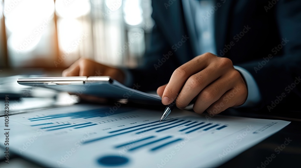 Close-up of a Hand Pointing at a Graph with a Pen Close-up of a Hand Pointing at a Graph with a Pen