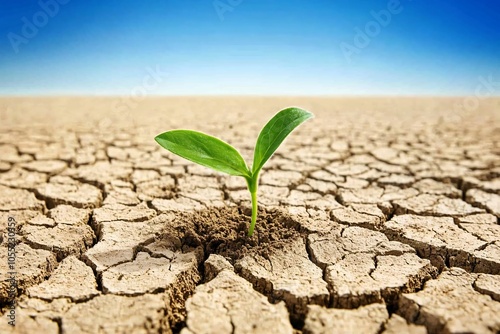 Close-Up of a Seedling on Cracked Dry Earth Surface