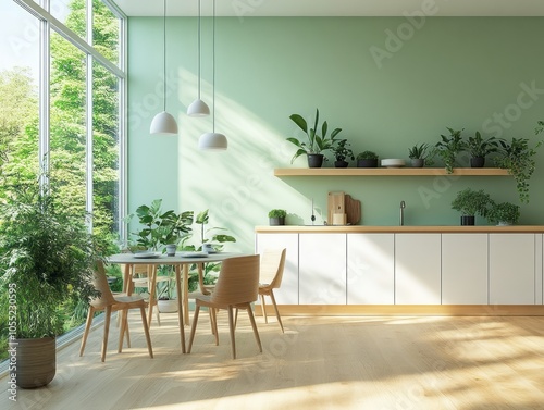 Mint accent walls combined with minimalistic decor and light wood floors for a clean, fresh ambiance photo