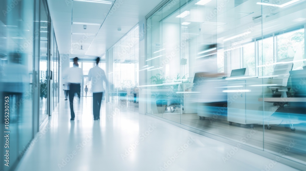 A blurred view of a modern clinic corridor with medical professionals in white coats walking through the hallway, A blurred view of a modern clinic corridor with medical professionals in white coats walking through the hallway,