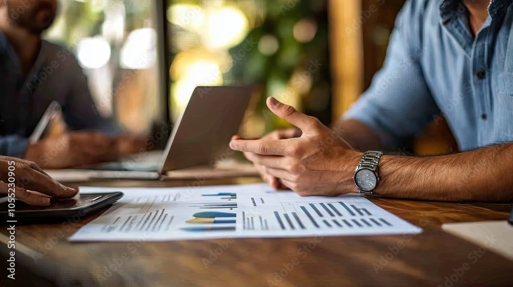 Man's Hand Gesturing During Business Meeting with Charts Man's Hand Gesturing During Business Meeting with Charts