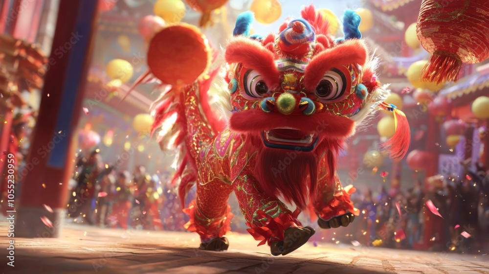 Fototapeta premium Vibrant Dragon Dance Performance at New Year Celebration with Crowd