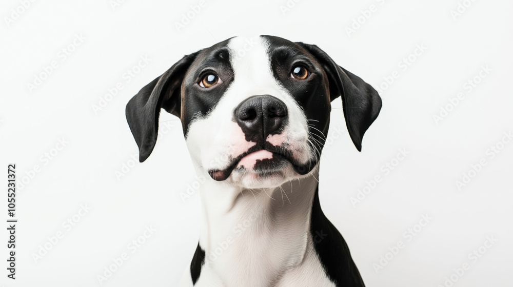 Close-up portrait of a black and white dog with expressive eyes against a plain white background. Close-up portrait of a black and white dog with expressive eyes against a plain white background.