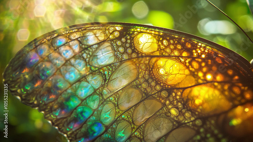 An extreme macro shot of a butterfly wing with intricate fractal patterns, each fractal segment shimmering in rainbow gradient.