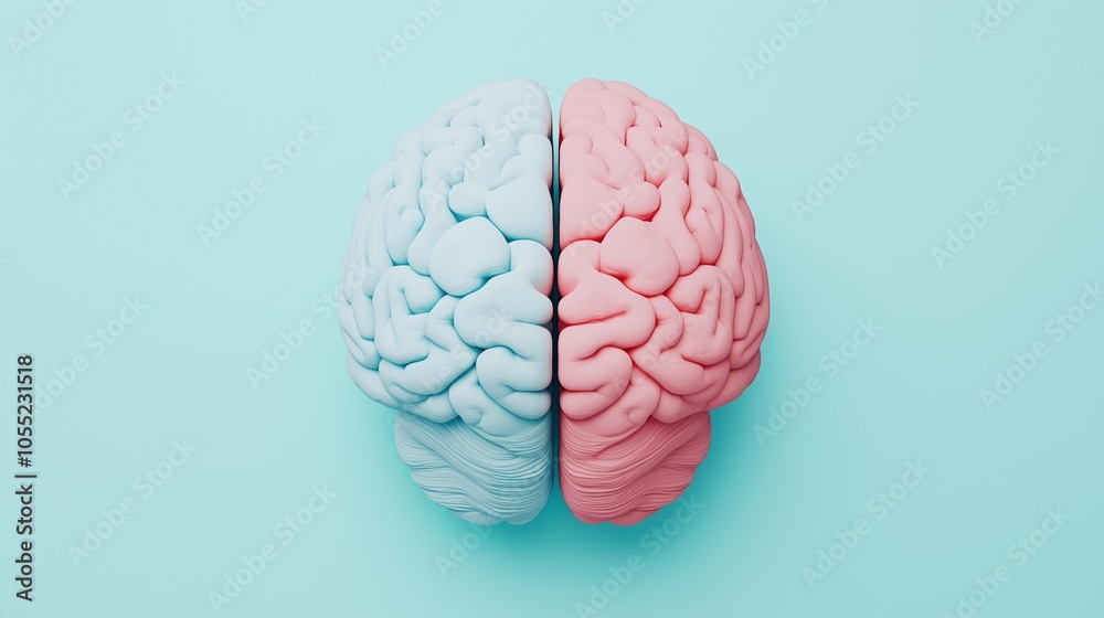 A colorful representation of a brain, one half blue, the other half pink, on a light blue background. A colorful representation of a brain, one half blue, the other half pink, on a light blue background.