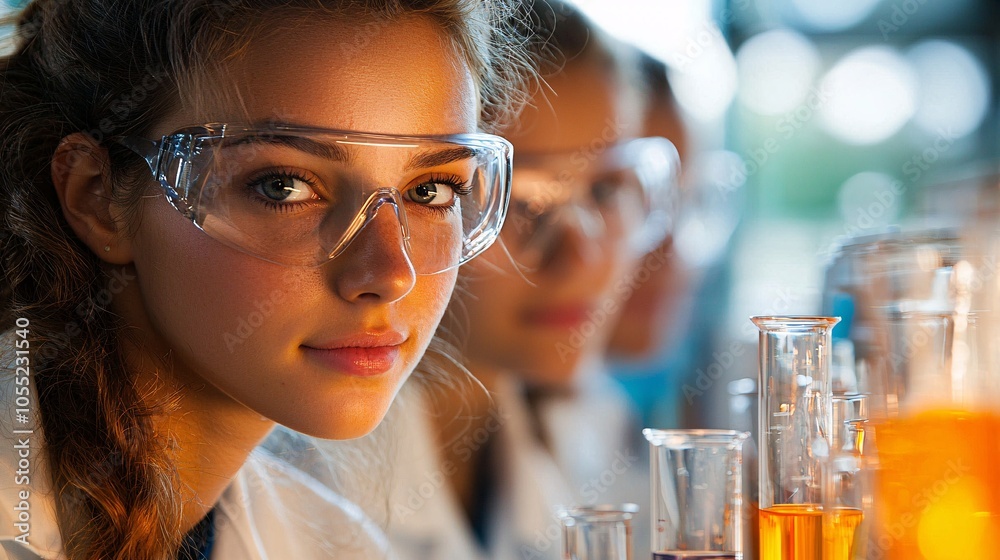 Close-up of scientific team in lab, analyzing material samples, geometric details, high quality, DSLR, macro lens, 16:9 Close-up of scientific team in lab, analyzing material samples, geometric details, high quality, DSLR, macro lens, 16:9
