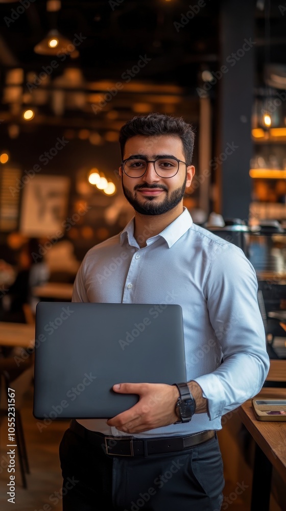 A young man showcases a modern laptop bag while socializing in a lively café atmosphere A young man showcases a modern laptop bag while socializing in a lively café atmosphere