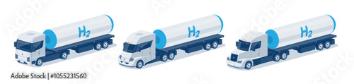 Hydrogen transportation semi trucks with storage fuel tanks on trailer. Transport of blue, green, grey H2 from production process facility factory. Flat isolated vector illustrations on white.