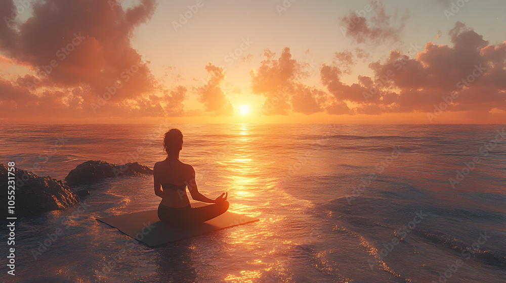 A Peaceful Scene of a Person Practicing Yoga on a Mat by the Ocean at Sunrise. Calm Waves and Golden Light Enhance the Meditative Atmosphere
A Peaceful Scene of a Person Practicing Yoga on a Mat by the Ocean at Sunrise. Calm Waves and Golden Light Enhance the Meditative Atmosphere