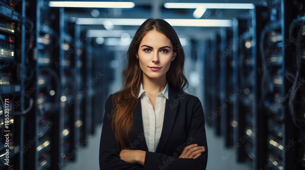 A confident female engineer stands with her arms crossed