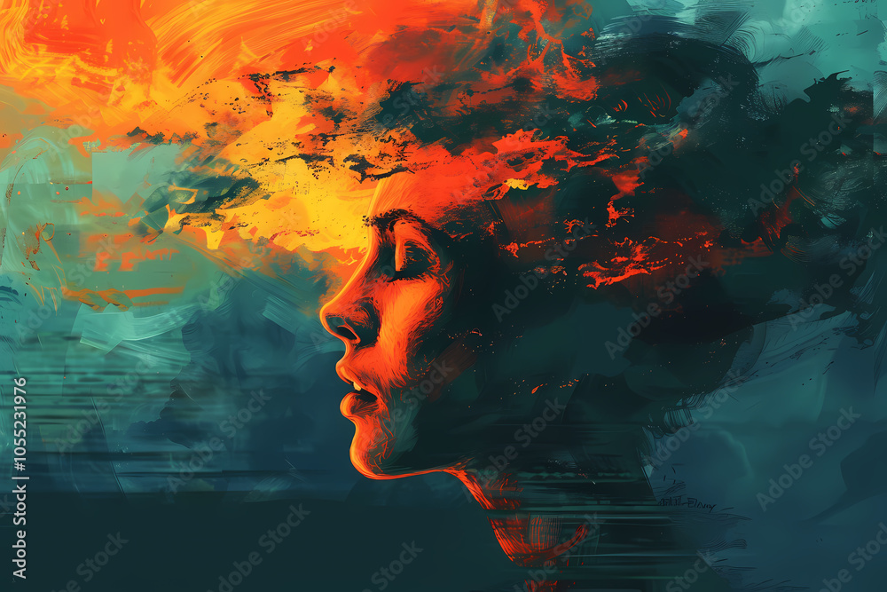 A profile of a woman with fiery, abstract colors emanating from her head, symbolizing creativity and energy. A profile of a woman with fiery, abstract colors emanating from her head, symbolizing creativity and energy.