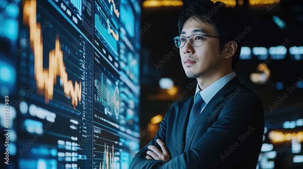A confident Asian executive presenting financial strategies with dynamic charts A confident Asian executive presenting financial strategies with dynamic charts