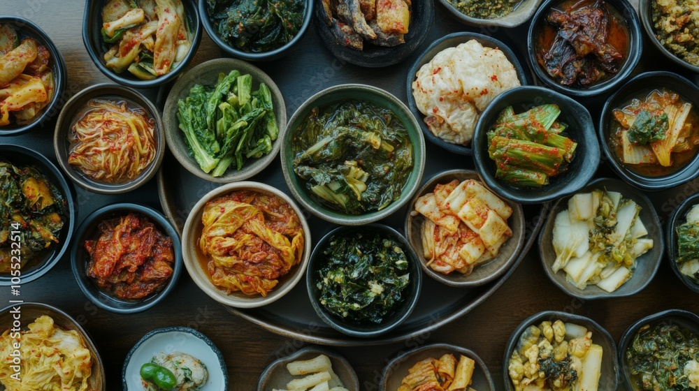 Variety of Fermented Side Dishes in Rustic Ceramic Bowls Variety of Fermented Side Dishes in Rustic Ceramic Bowls