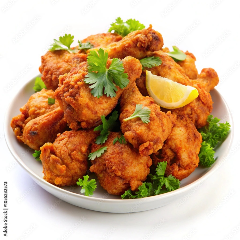 Fried chicken legs with lemon and herbs on a plate, isolated on a white background. Fried chicken legs with lemon and herbs on a plate, isolated on a white background.