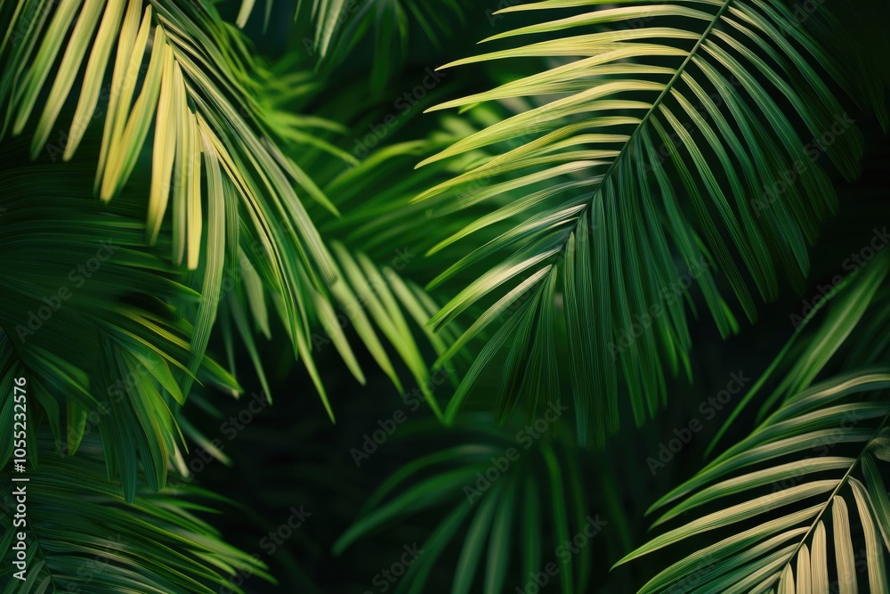 Obraz premium Palm tree background with green leaves.