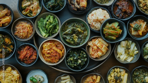 Variety of Fermented Side Dishes in Rustic Ceramic Bowls