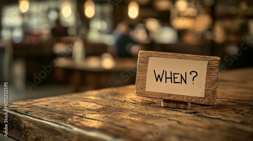 The image shows a wood-framed sign with 'WHEN?' written on it, set on a rustic wooden table in a cafe, evoking questions of time and comfort. photo