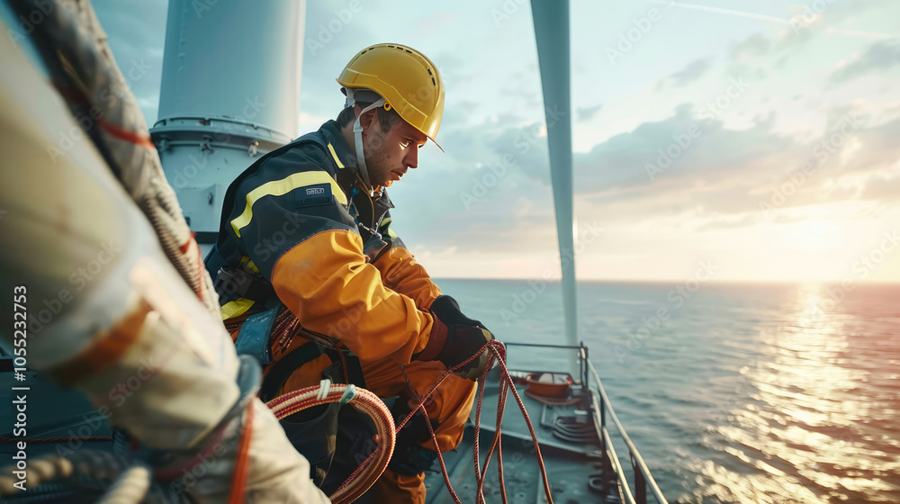 Engineer man maintains a windmill turbine on the open sea. Green energy and technology concept. AI-generated. Engineer man maintains a windmill turbine on the open sea. Green energy and technology concept. AI-generated.