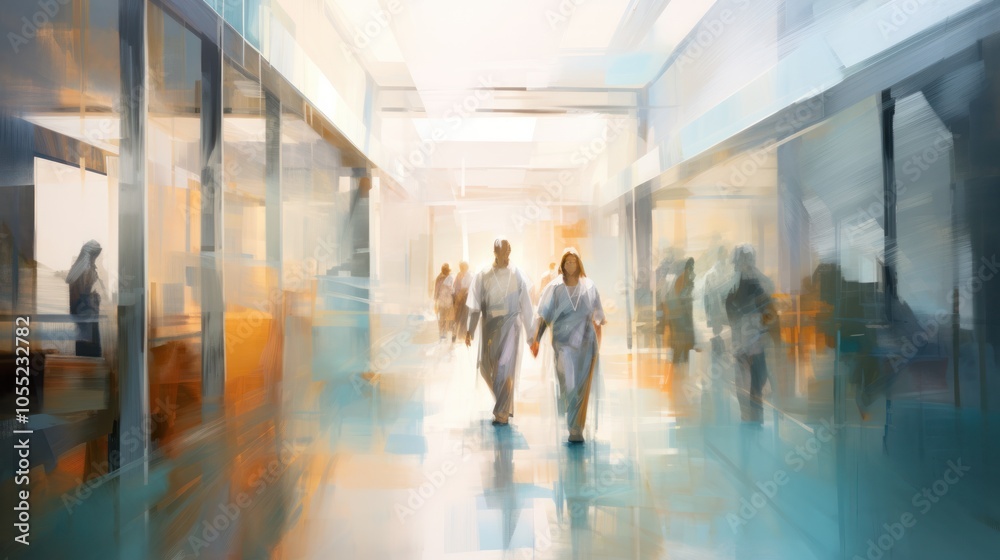 A dreamy, abstract representation of a hospital corridor, featuring healthcare workers in motion A dreamy, abstract representation of a hospital corridor, featuring healthcare workers in motion