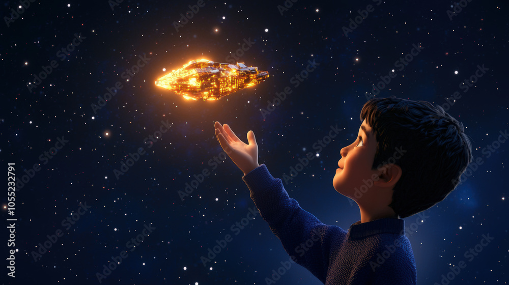 boy reaches out to touch glowing spaceship in starry sky, filled with wonder and curiosity. scene captures magic of imagination and exploration boy reaches out to touch glowing spaceship in starry sky, filled with wonder and curiosity. scene captures magic of imagination and exploration