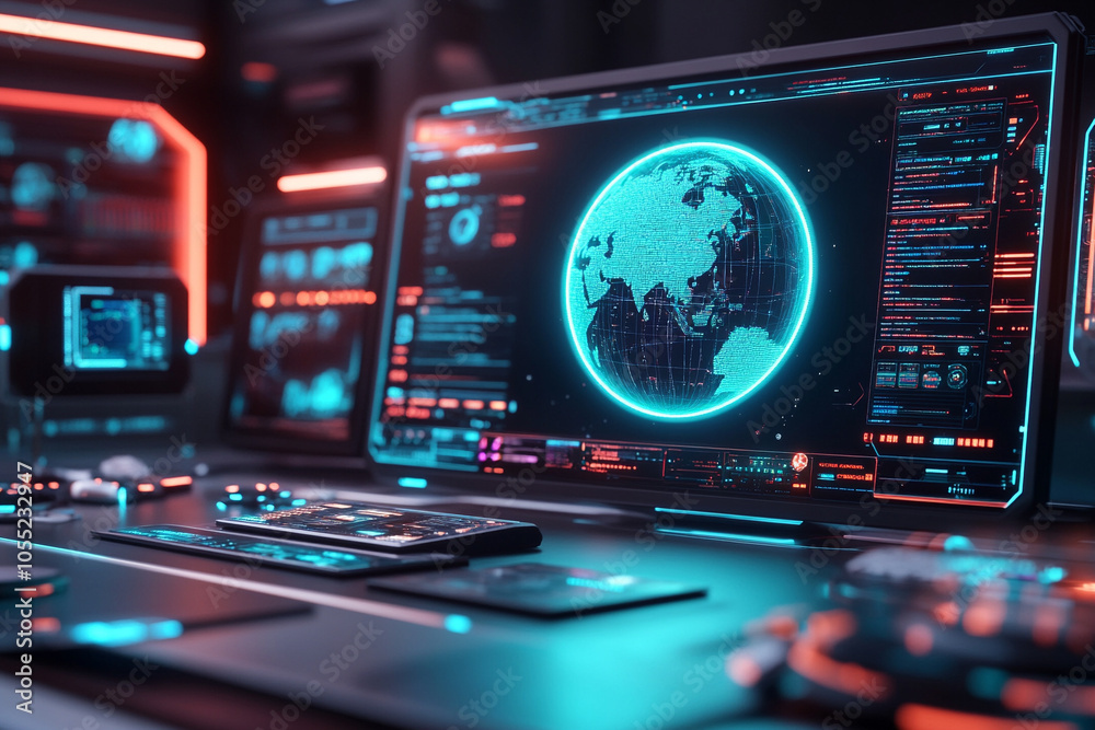 Futuristic workspace with glowing globe on computer screen, dark tech environment. Futuristic workspace with glowing globe on computer screen, dark tech environment.