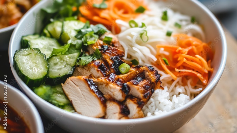 Warm Noodle Bowl with Grilled Chicken and Vegetables Warm Noodle Bowl with Grilled Chicken and Vegetables
