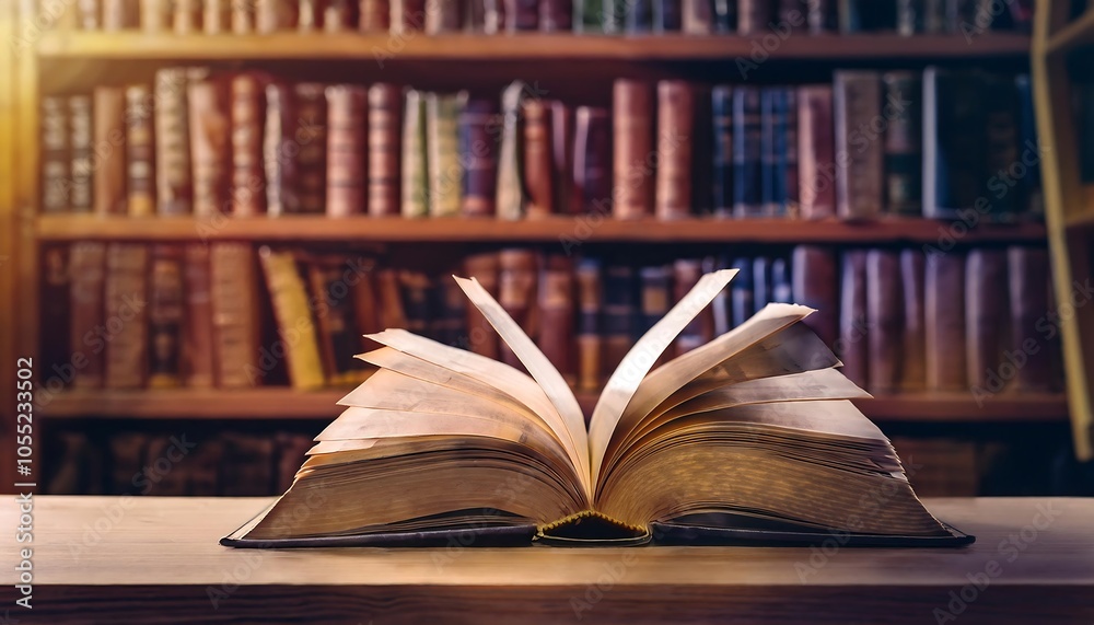 Workplace with a not book on the desk, and bookshelf in the library Background Workplace with a not book on the desk, and bookshelf in the library Background