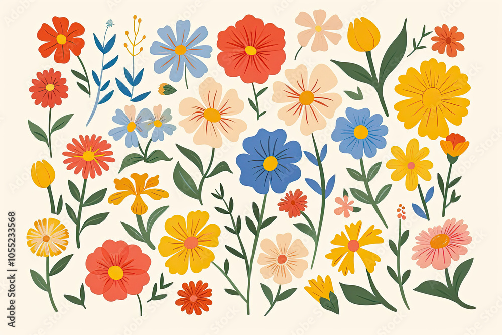 Abstract flat vector spring flowers illustration on a white background. Flat illustration of spring flowers, simple shapes, and vibrant colors. Abstract flat vector spring flowers illustration on a white background. Flat illustration of spring flowers, simple shapes, and vibrant colors.