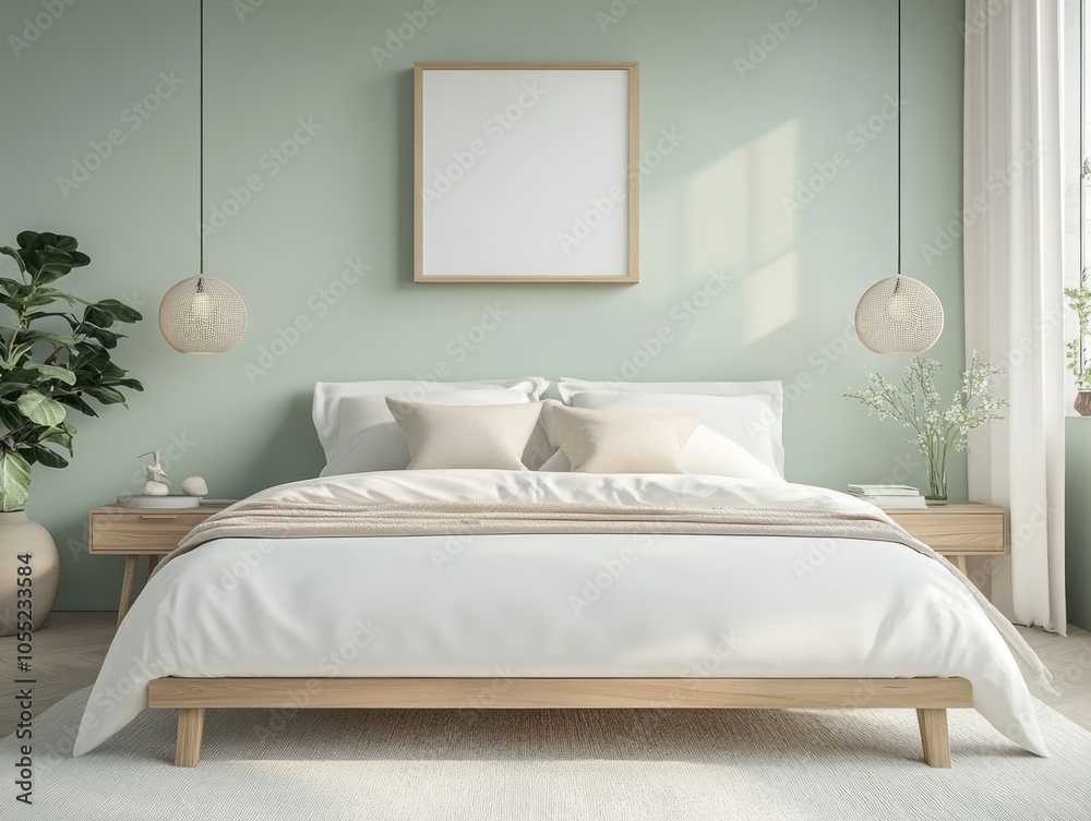 Mint walls paired with a white bed frame, beige decor accents, and minimal wall art for a serene look Mint walls paired with a white bed frame, beige decor accents, and minimal wall art for a serene look