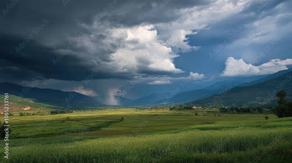 A dramatic image of a thunderstorm approaching the Bhutanese countryside, A dramatic image of a thunderstorm approaching the Bhutanese countryside,