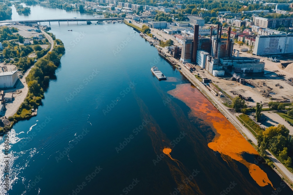 Fototapeta premium Industrial Area with Polluted Water Pouring into River