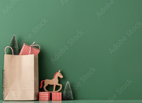 paper bag with Christmas gifts, rocking horse, and festive trees creates joyful holiday scene. Perfect for celebrating season! photo