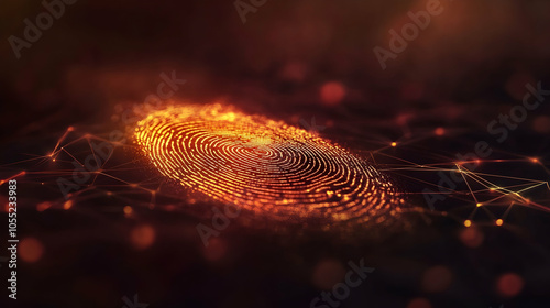 2. An illuminated fingerprint displayed on a digital network background, signifying the importance of biometric security and the protection of data.