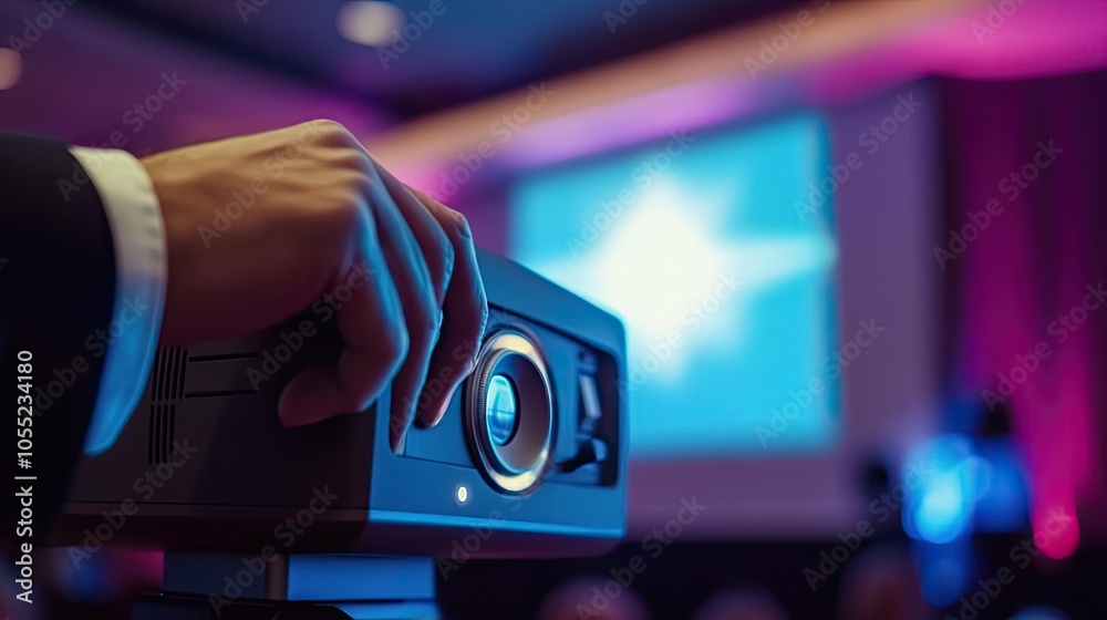 Hand Adjusting a Projector Lens in a Conference Room Hand Adjusting a Projector Lens in a Conference Room